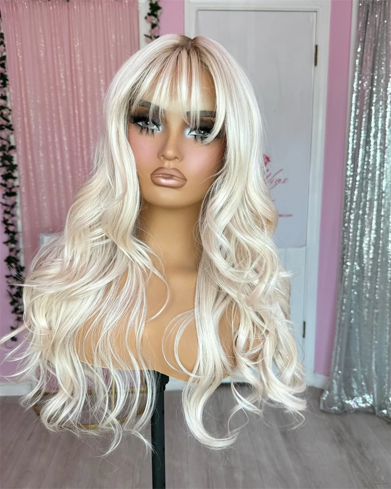 Natural Fringe Bouncy Wavy Synthetic Wig with Bangs White Blonde Icy Dark Roots Futura Fibre Lace Top Wig Women