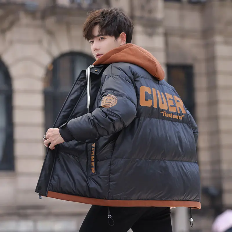 Men Fake Two-Piece Cotton-Padded Coat Winter Male Trendy College Style Loose Hooded Casual Outwear Thick Warm Large Size Outcoat