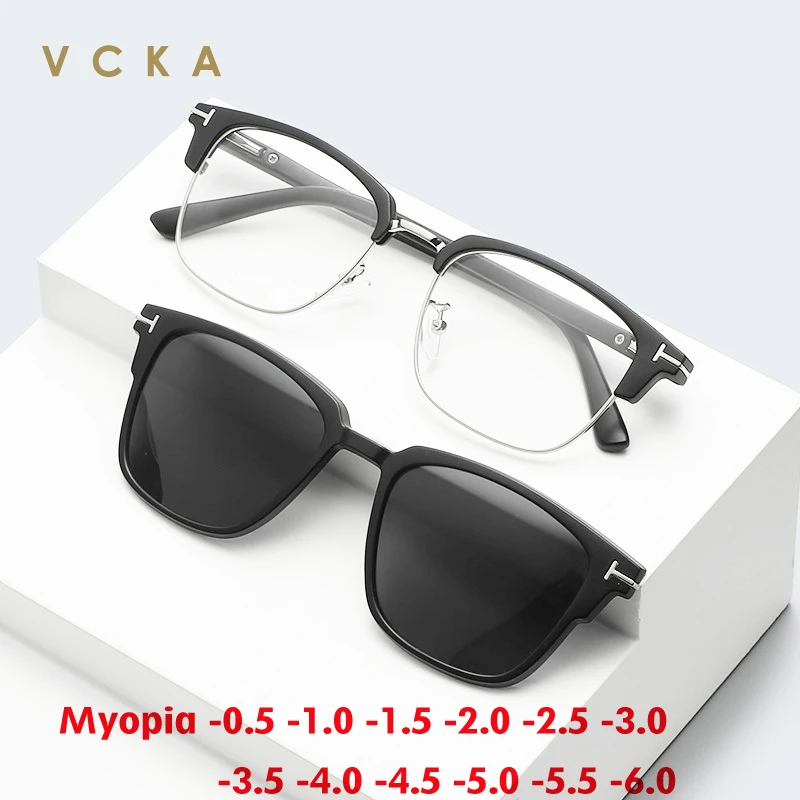 

VCKA 6 in 1 Lenes Magnet Myopia Sunglasses Retro Mirrored Glasses Women Men Polarized Custom Prescription Small Frame -1.0~-6.0