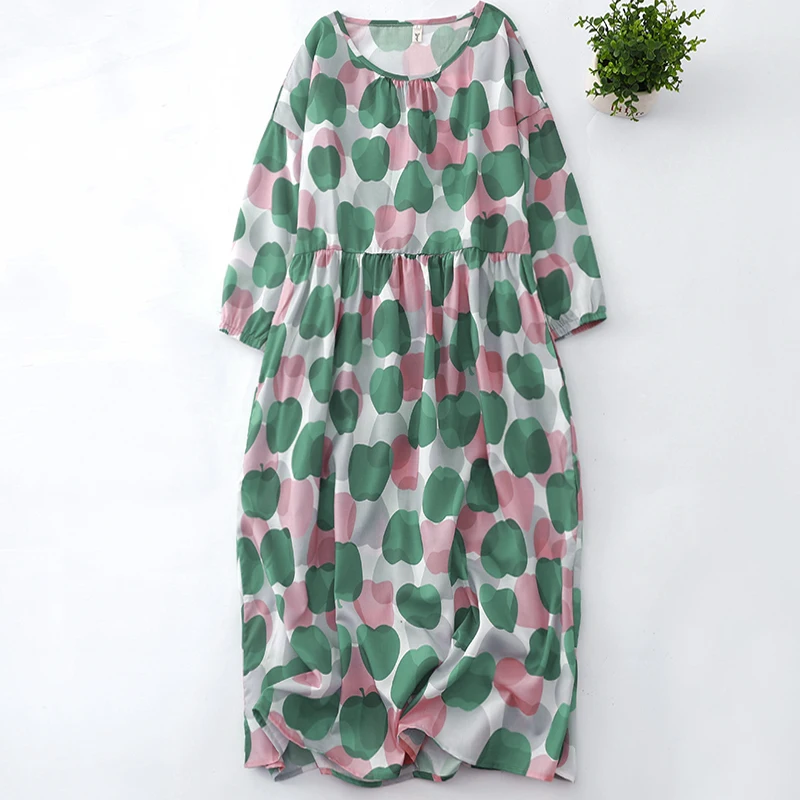 

Oversize Women Summer Cotton Linen Print Dress Half Sleeve Casual Loose Thin Bohemian Beach Style O Neck Long Dress 2024 New 375