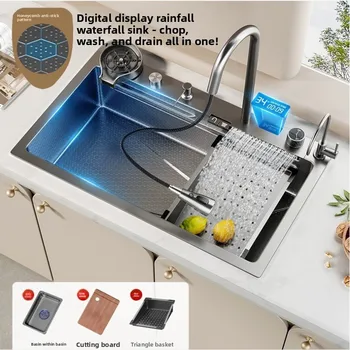 อ่างล้างจานครัวสแตนเลส 304 ลายรังผึ้ง พร้อมหน้าจอแสดงผลดิจิตอล สีดำ พร้อมเครื่องล้างจานแบบหนาและเบา 1