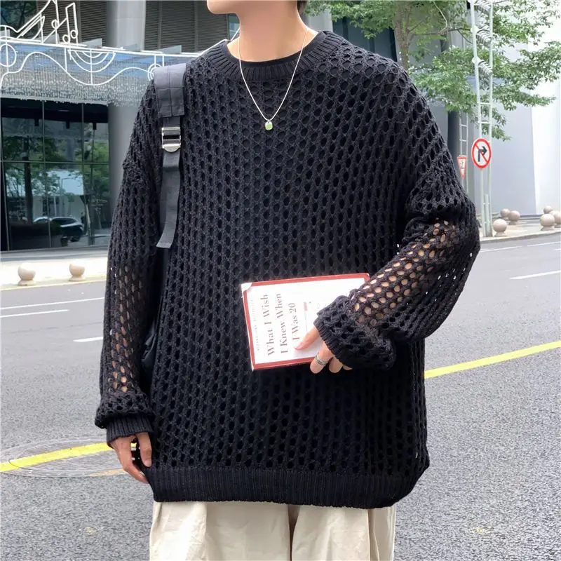 Men Autumn High-end Design Trendy Tops in Knitwear Round Neck Loose Fishnet Solid Long-sleeved Hollow Sweatshirt Fashionable 4