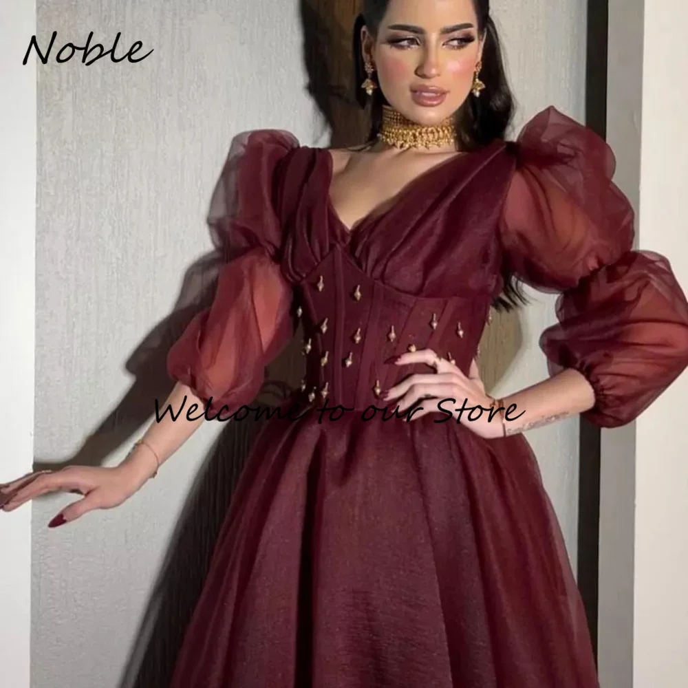 

Noble Elegant V-Neck Formal Occasion Gowns Tulle Beading Evening Dress Puff Sleeves Party Dress for Women Long Prom Gown