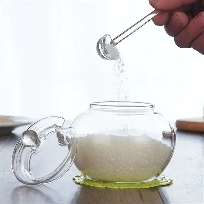 Transparent Glass Spice Jars with Spoon and Lid Household Seasoning Pot Salt Shaker Storage Bottle Sugar Bowl Kitchen Tools