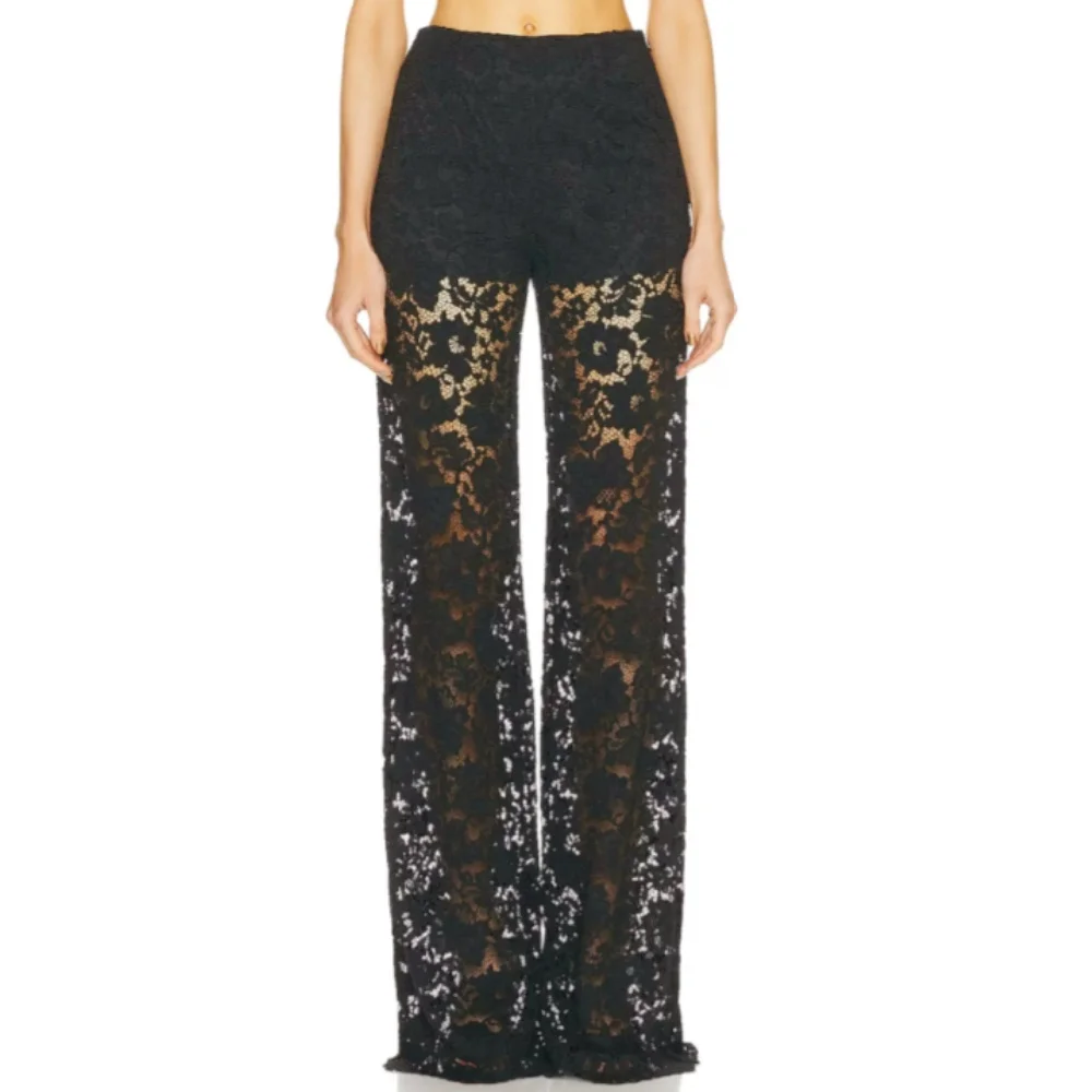 Women Lace Flare Pants See Through High Waist Bell Bottoms Long Trousers for Daily Party
