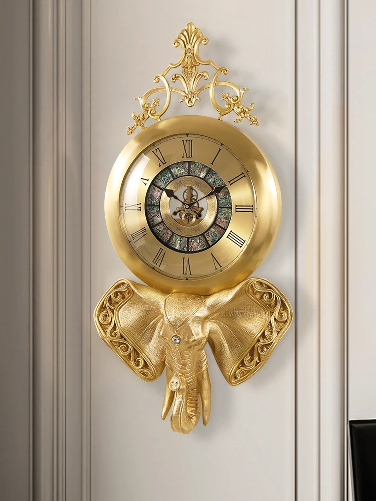 

Brass Elephant Villa Wall Clock European Light Luxury Living Room Clock Home Entrance Wall Hanging American Art Personalized Clo