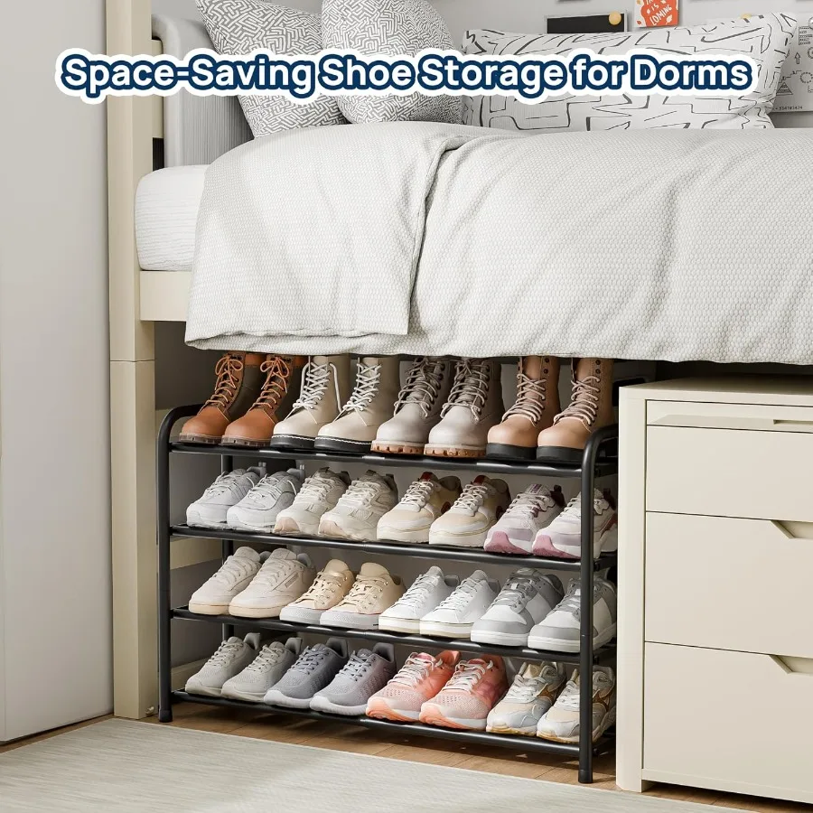 Expandable Shoe Rack 4 Tier Adjustable Shoe Organizer Shelf for Closet Black Metal Free Standing Shoe Rack Storage for Small Sp