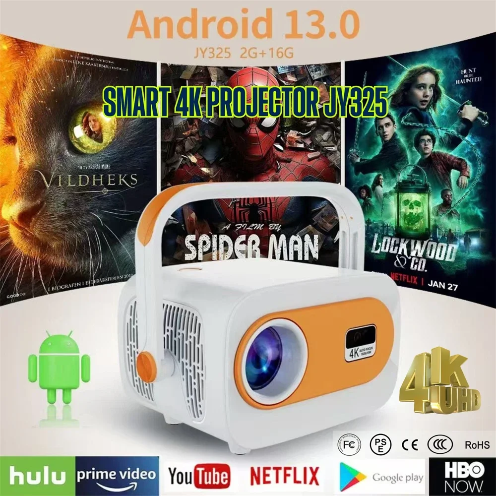 Projector 4K Android 13 Wifi6 280ANSI BT5.0 1280P*720P 360 Degree Rotating with Handle Home Cinema Outdoor Portable