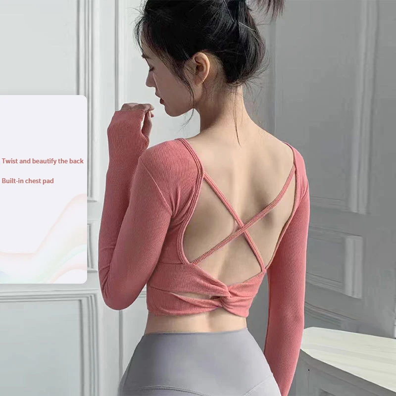 

Yoga suit, long sleeved top, sexy and beautiful back with chest pad, long sleeved shirt, European and American sports and fitnes