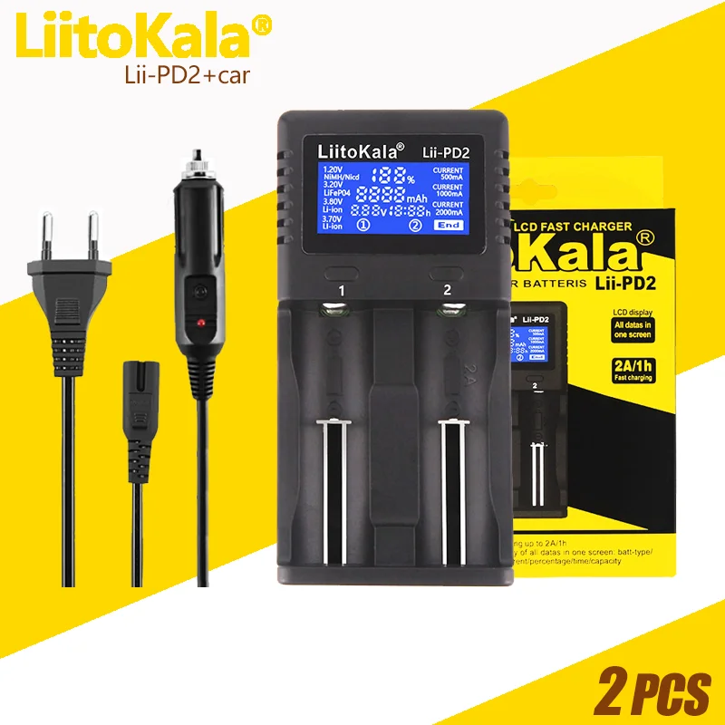 

2PCS LiitoKala Lii-PD2 Lii-PD4 Lii-PL2+car LCD 3.7V 1.2V for 18650/26650/21700/16340/14500/10440/18500/18350 Battery Charger