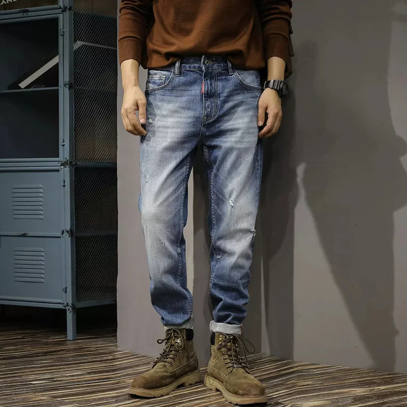 italian style fashion men jeans high quality retro blue slim fit ripped denim trousers vintage designer cotton long pants hombre Italian Style Fashion Men Jeans Retro Blue High Quality Elastic Slim Fit Ripped Jeans Men Trousers Vintage Designer Pants Hombre