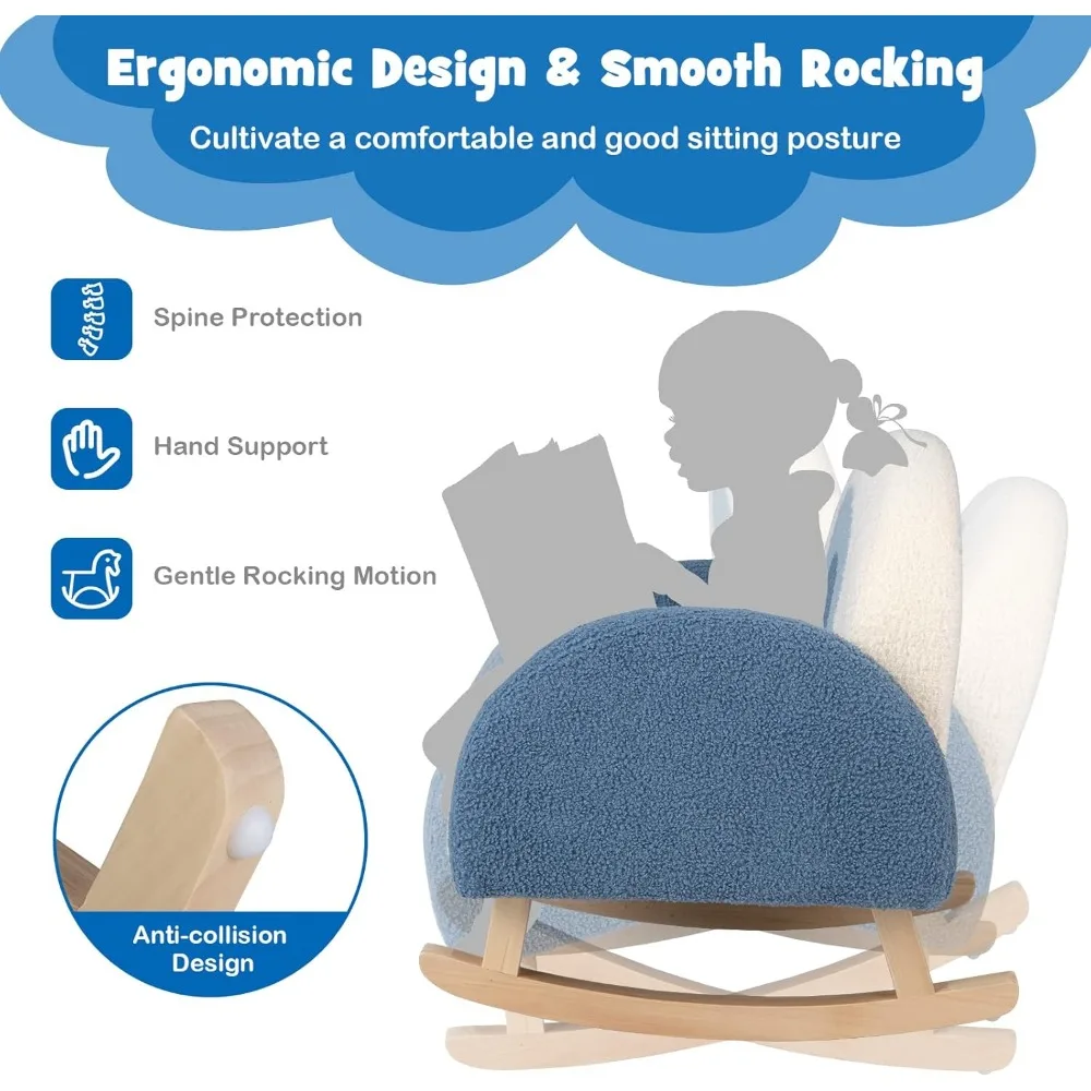 Kids Blue Rocking Chair with Solid Wood Frames, Plush Fabric, Anti-Tip Design for Kids Room, Nursery, Playroom, Preschool 6