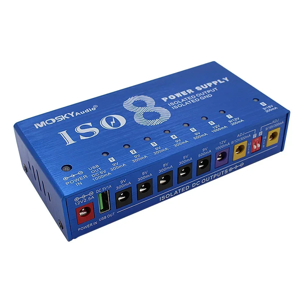 MOSKYAUDIO ISO8 Guitar Effect Pedal Power Supply 8 Isolated POWER DC Outputs/5V USB Output for 9V 12V 18V Guitar Pedal