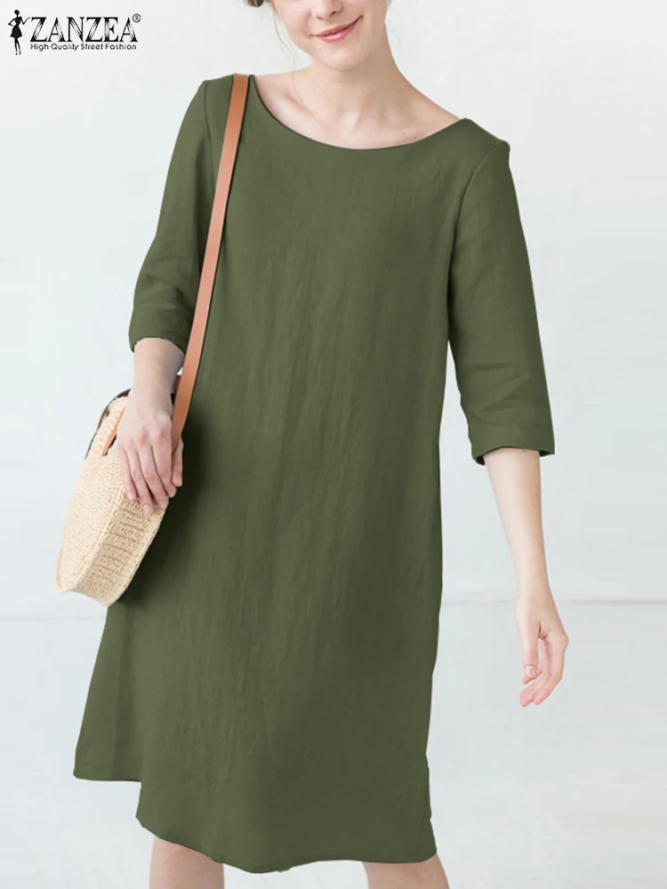 

2023 ZANZEA Summer Women Fashion Casual Loose Cotton Dress Robe Femme Work Kenn-length Vestido Elegant 3/4 Sleeve Solid Sundress