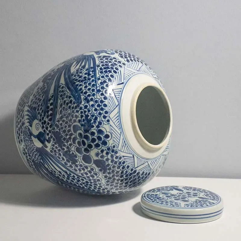 Blue and White Phoenix Ginger Jar Urn Lotus Vintage Ginger Jar Jingdezhen Ceramics Blue and White Porcelain Jar Vases for Flower 5
