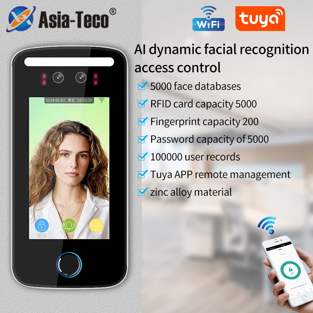 Tuya AppWIFI Facial Recognition USB TCP/IP Time Attendance Device 5000 AI  Face