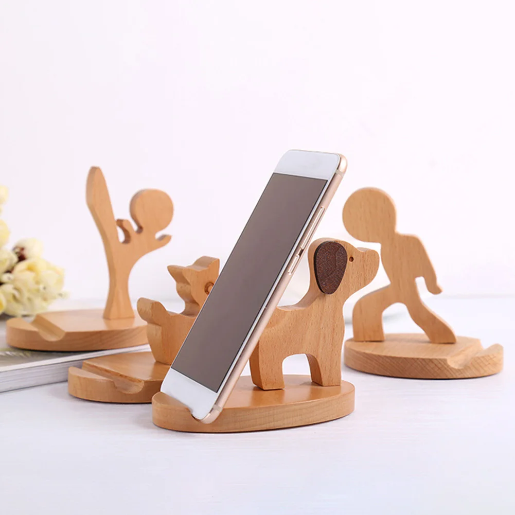 Solid Wood Deer/Dog Mobile Phone Holder Car Home Mount Bracket Mobile Tablet Desktop Stand Non-Slip for Table Desk Room Office