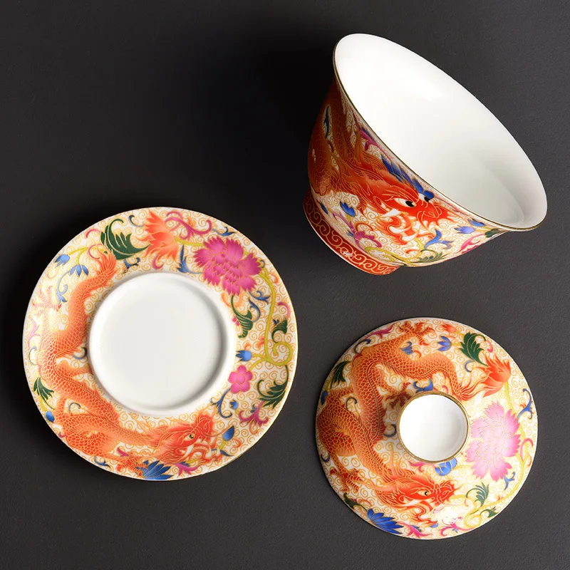 Chinese Kungfu Gaiwan Tea Tureen Intricately Designed Dragon and Phoenix Tea Cups with Elegant Ceramic Color Enamel Teaware Tea Set