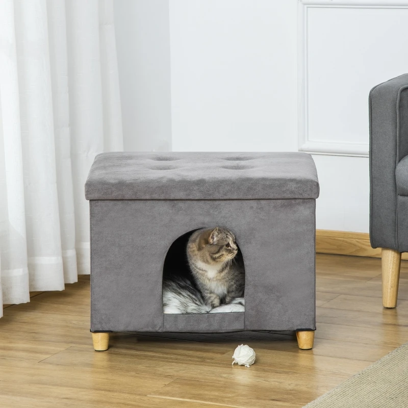 2-in-1 Katzenhöhle und Fußhocker mit Kissen, Holzbeinen, Katzenhaus, Katzenkorb, Weich Gepolsterter Ottoman, Elegantes Design, Abnehmbar – Detail 8