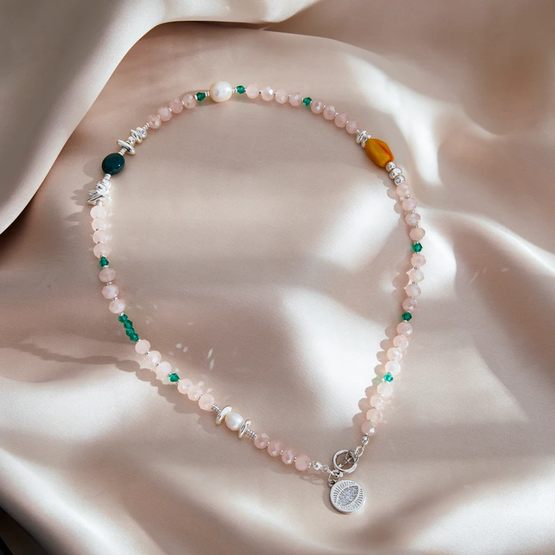 

Fashion Original Pink Crystal Natural Stone Necklace for Women New Korean Stainless Steel Pearl Sweater Chain Jewelry Gift
