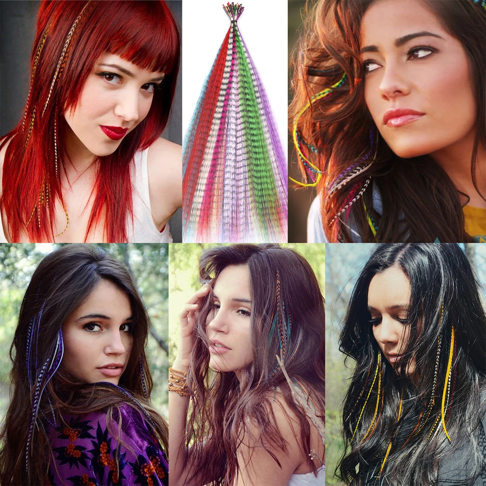 Extensiones de Cabello sintético con hebras de colores para niñas, pelo de plumas púrpuras con punta de cebra, postizo falso, 10 unidades por juego