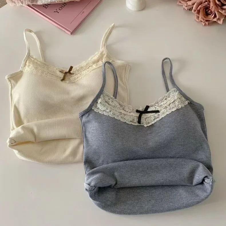 Sexy White Knit Camisole Lace Tank Top Cropped Vest Women's Sleeveless Crop Tops with Chest Pad Y2k Cute Summer Slim Undershirt