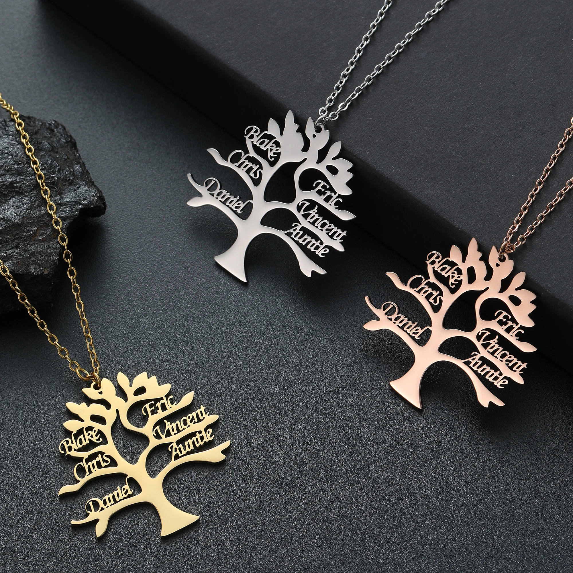 Customized Stainless Steel Family Member Happiness Tree Pendant Electroplated 18K Gold Life Tree Name Necklace