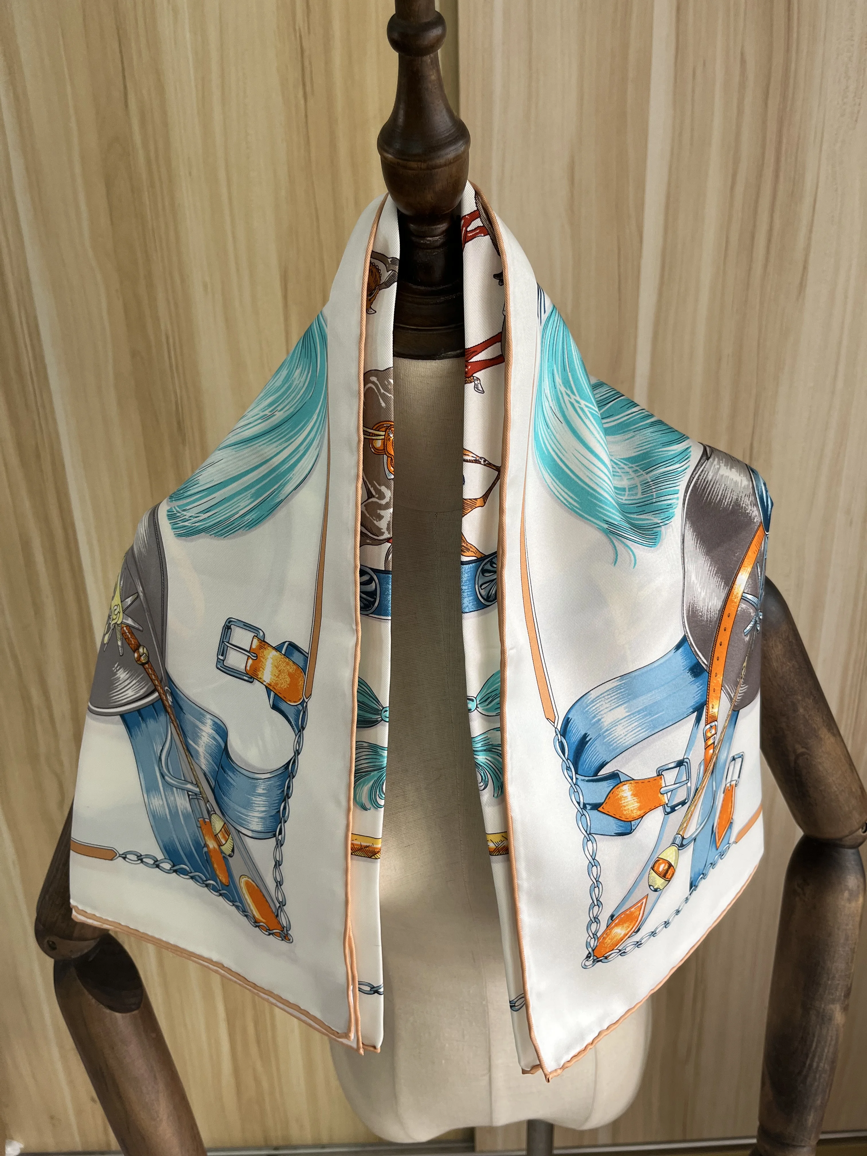 

2022 new arrival fashion brand light bule 100% silk scarf 90*90 cm square shawl twill wrap for women lady hijab free shipping