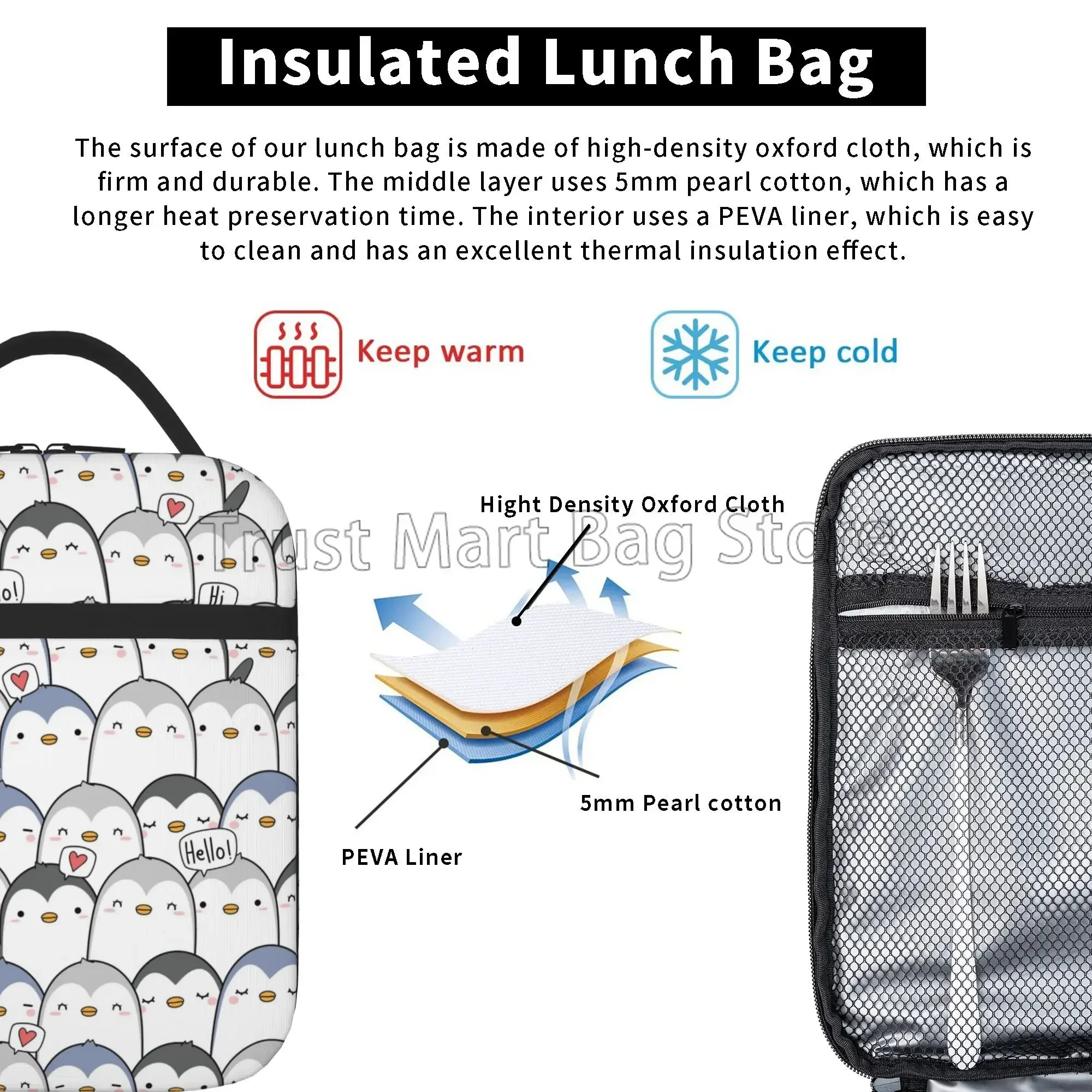 Cute Penguin Greeting Insulated Lunch Box Reusable Portable Lunch Bag Thermal Cooler Bento Tote for Boys Girls Women School Work
