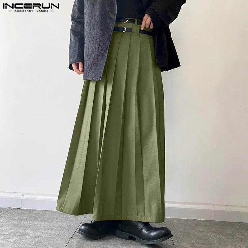 Men Casual Skirts Solid Color Pleated Zipper Loose Trousers Personality Streetwear Leisure Fashion S-5XL