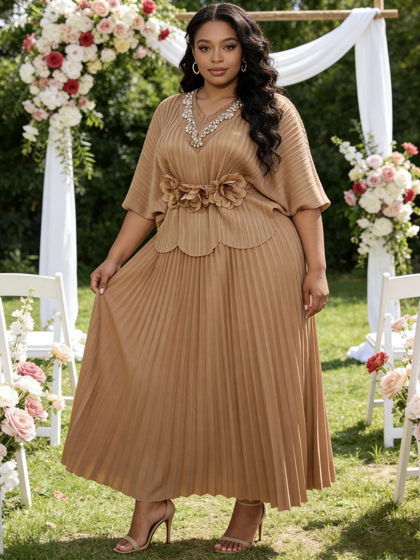 Miyaki Plus-Size Skirt Suit with V-Neck and Batwing Sleeves, Miyake Floral Belt, Pleated Casual Elegant Style for Socialites, Suitable for Banquets, Weddings, Fashion Parties, Commuting, and Dates 2