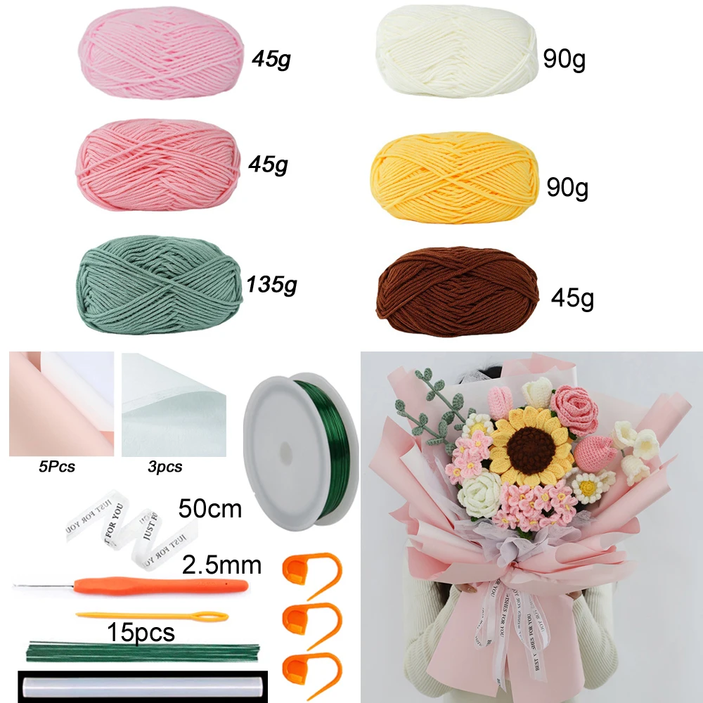 TPRPYN Pink Mixed Flower Bouquet Crochet Kit with yarn DIY Rose Tulip daisy sunflower Crocheting kits Knitting handmake beginner