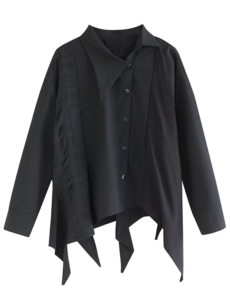 2026 Spring Autumn New Asymmetrical Patchwork Black Vintage Shirt Women Long Sleeve Loose Casual Blouse Top Fashion Clothing