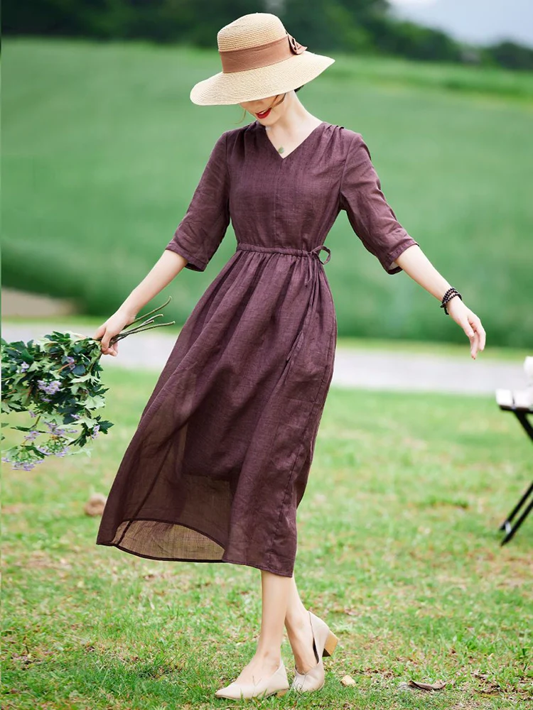 2025 Summer Solid Color V-Neck Drawstring Dresses Women Casual Elegant Long Dress Office Lady Work Vestidos Fashion Clothing