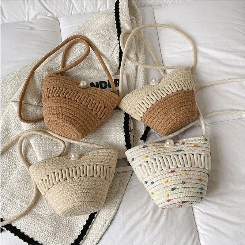 

grass woven bag cotton thread woven bag mobile phone change key bag casual cute women's bag