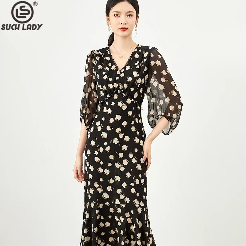 

Women's Runway Dresses V Neck 3/4 Lantern Sleeves Printed Ruffles Elegant Casual Mid Vestidos