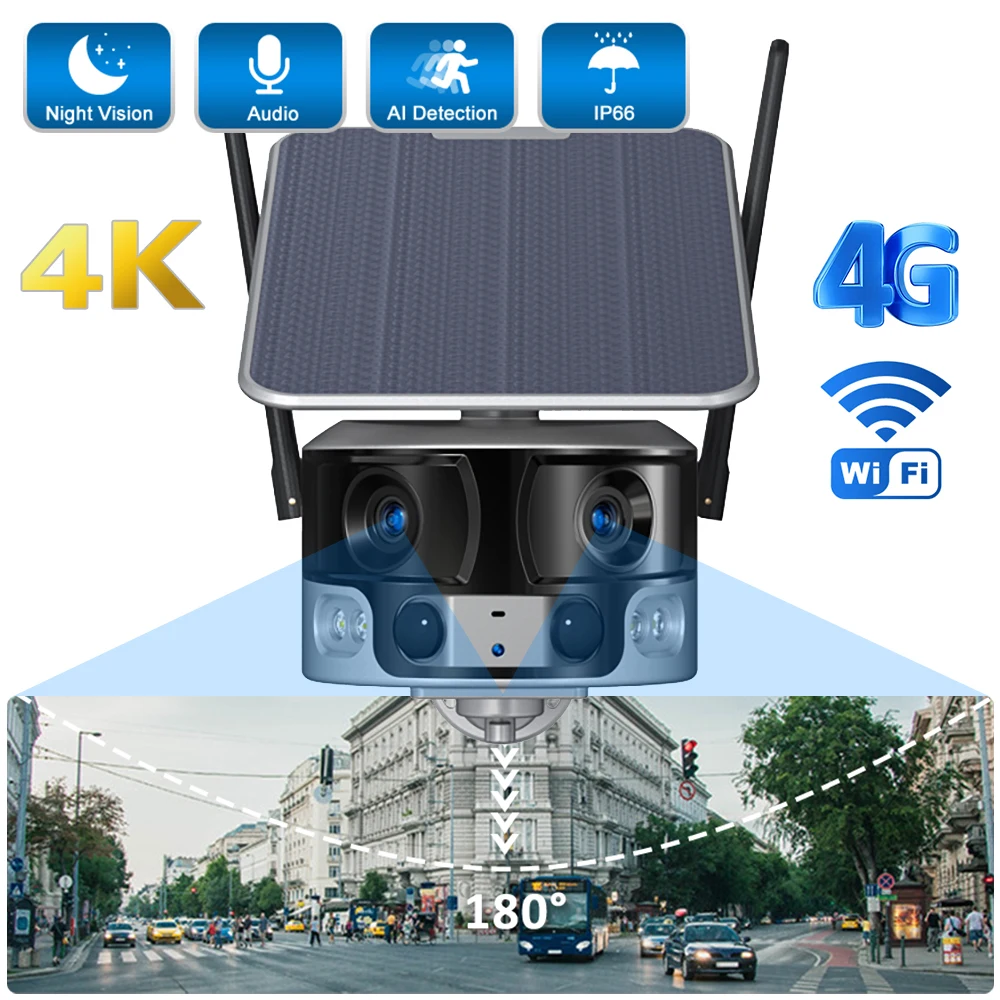 4K 8MP WIFI Solar Camera 180 Ultra Wide View Angle  Outdoor 4X Zoom Dual Lens PIR Human Detection  4G Solar Surveillance Camera