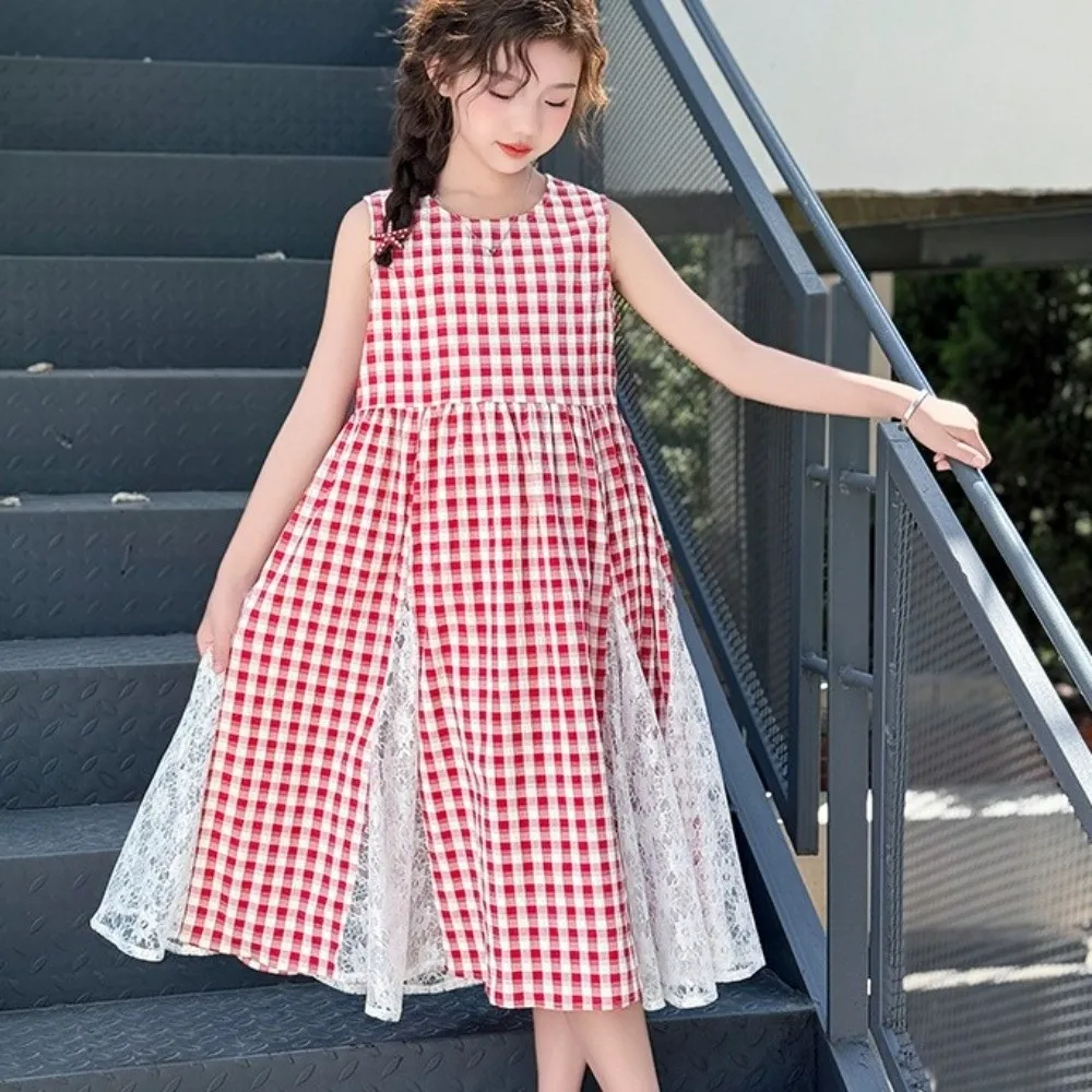 Round Neck Children Plaid Dress Sleeveless Princess Kids Grid Long Dress Long Casual Girls Patchwork Skirt Spring Summer