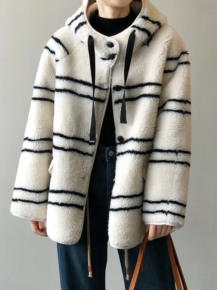

QOERLIN Hooded Teddy Lamb Wool Jackets Women 2023 New Winter Warm Korean Fashion Striped Furry Coat Ladies Pocket Plush Overcoat