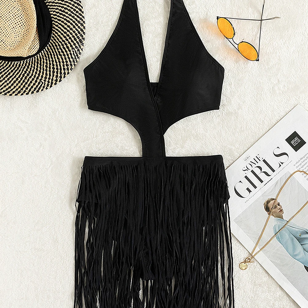 2022  Woman Swimsuit Summer Beach Dress One Pieces Tassel with Closed Back Sexy Swimwear Fringed Bikini Bodysuit Women's Suit