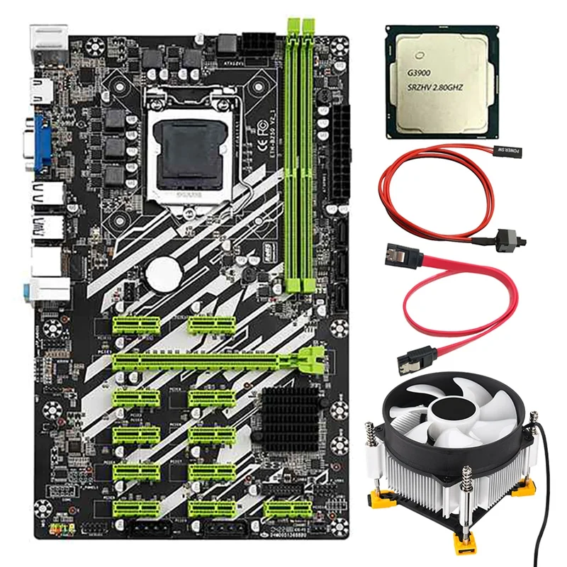 B250 BTC Mining Motherboard with G3900/G3930 CPU+CPU Fan+SATA Switch Cable 12 PCI-E Slots LGA1151 DDR4 RAM SATA3 USB3.0 best motherboard 