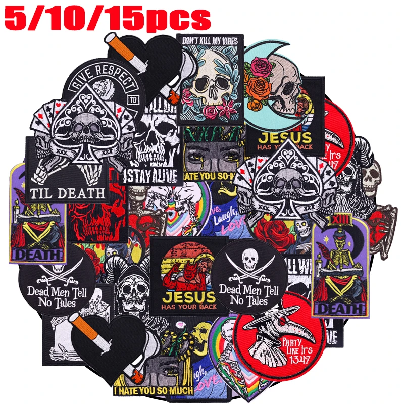 5/10/15pcs punk horror embroidered patch set – skull, Jesus, Dead Men Tell No Tales, tarot, gothic iron-on appliques