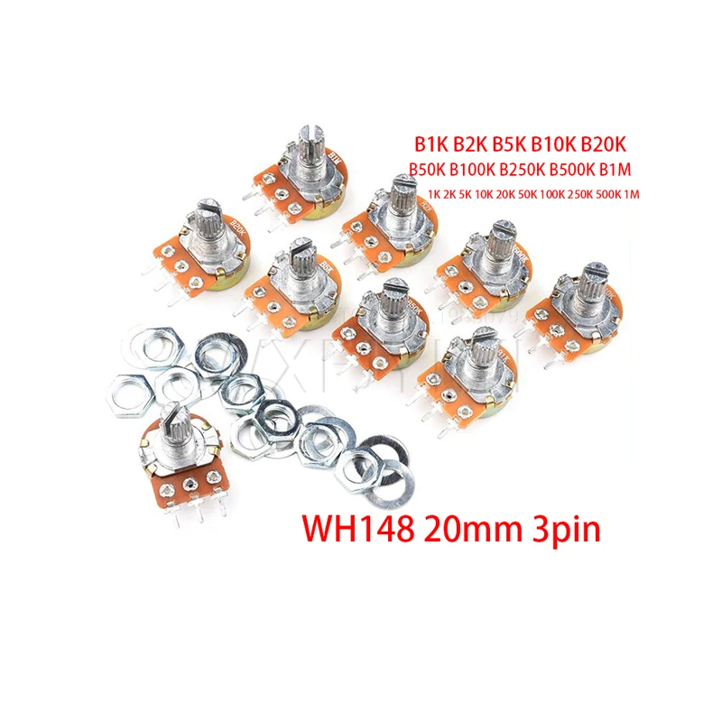 WH148 Potentiometer 10pcs B1K B2K B5K B10K B20K B50K B100K B500K 3Pin 20mm Shaft Amplifier Dual Stereo 1K 2K 5K 10K 50K 100K 1M