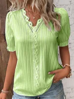Women's Summer New Top Solid Sexy V-Neck Hollow Short Sleeve Shirt Fashion Splice Plus Size Blouse Loose Street Apparel - Image 5