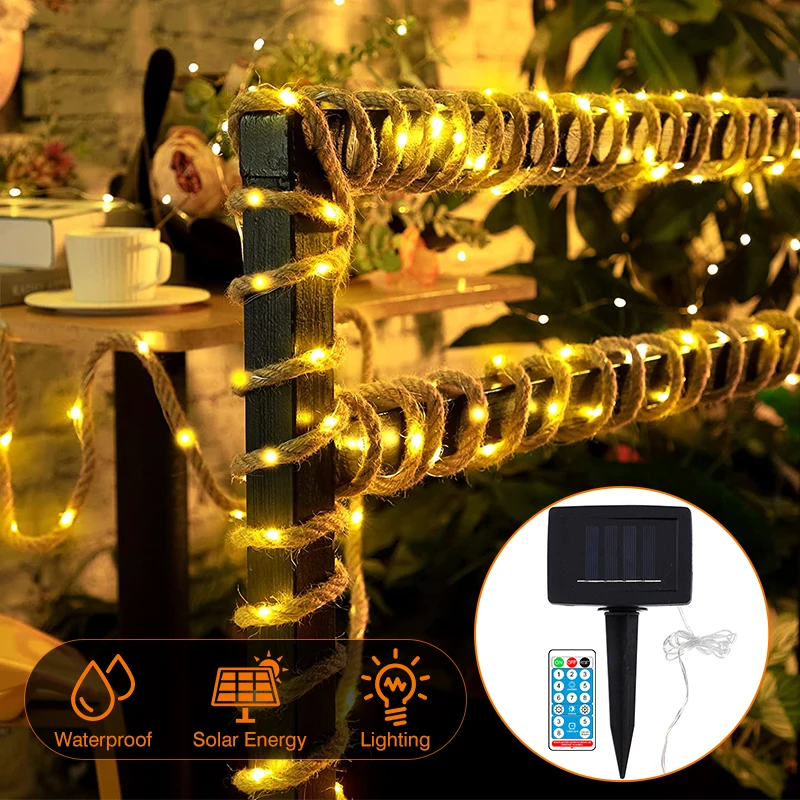 

Solar Rope Jute Rope Lights Copper Wire LED Rope Strip Light Decoration Lamp Outdoor Vintage Countryside Patio Garden Decor