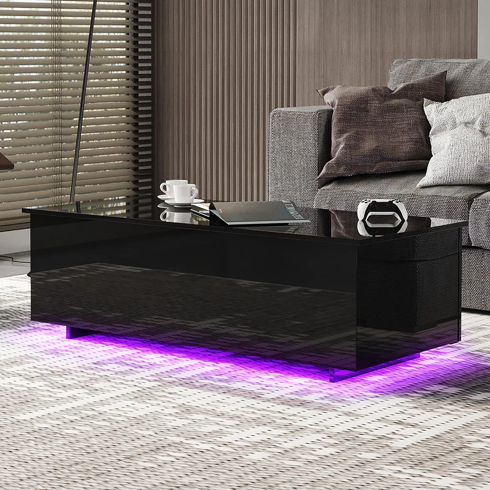 Led Lift Top Table for Living Room, High Gloss Coffee Table with Hidden Storage, 47 inch Modern centre