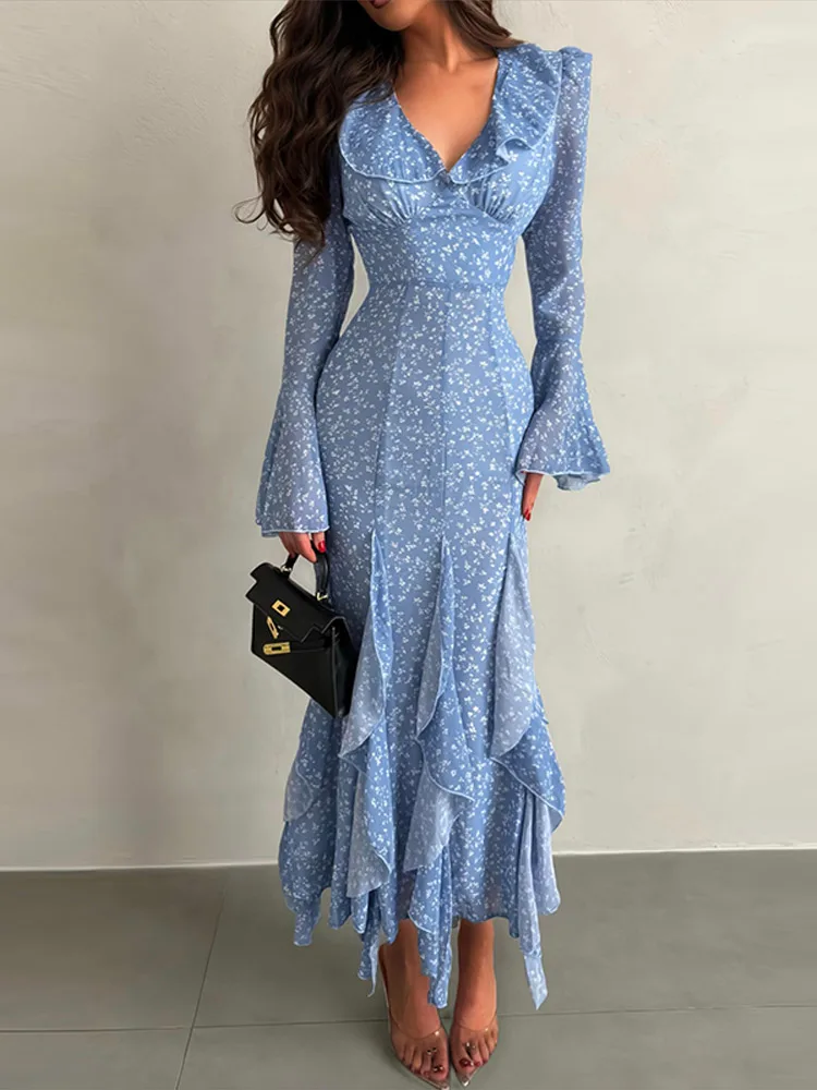 Women Printed V-neck Long Dress Flared Sleeve Lotus Leaf Edge High Waist Slim Fit Maxi Dresses Lady Elegant Evening Party Dress 2