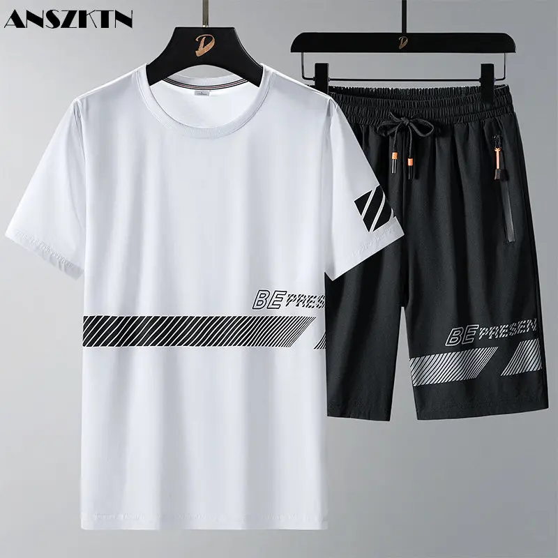 

ANZKTN New summer ice silk pullover men's round neck T-shirt short sleeve shorts plus size suit