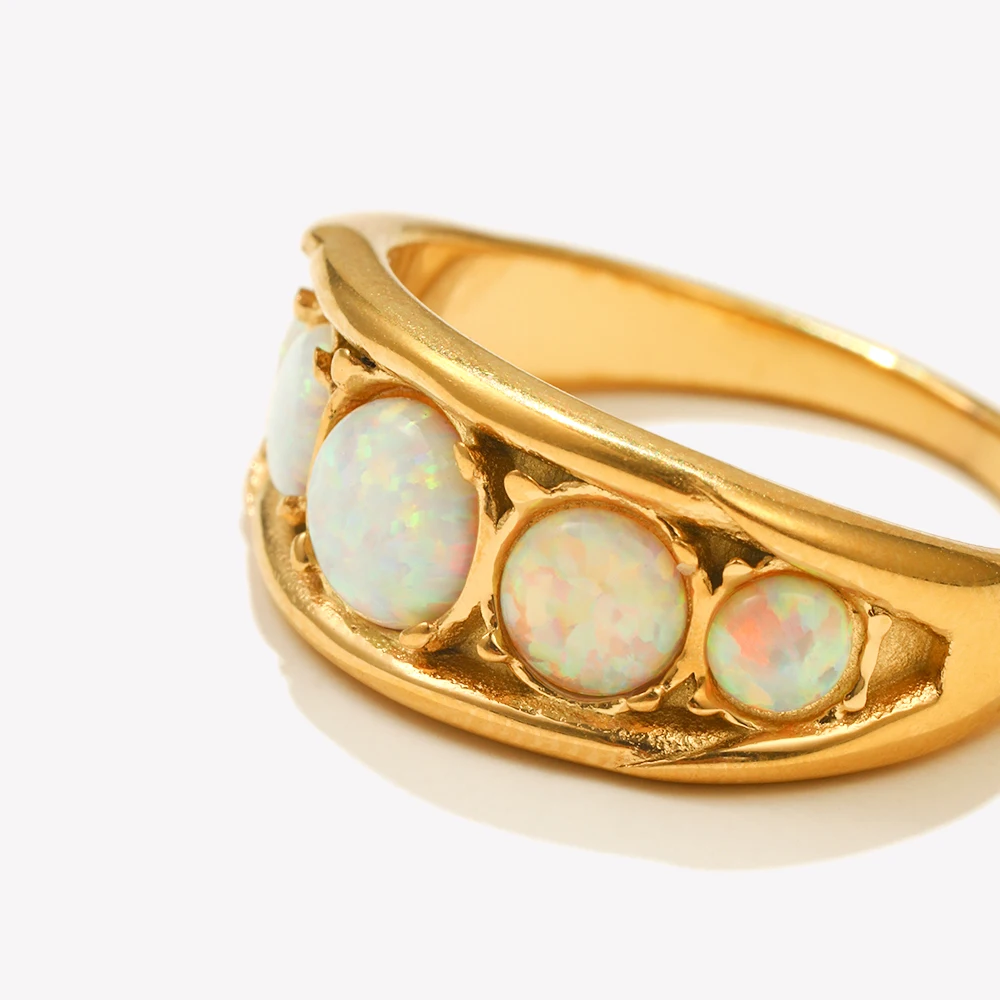 New Design Luxury Round Opal Stone Ring Stainless Steel PVD Plating Women Jewelry Accessories