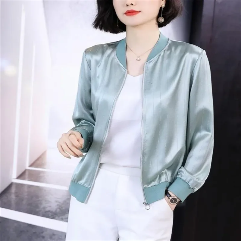 

Satin Jackets Women Coats Women's Casual Jacket Cardigan Solid Short Coat Thin Outwear Bright Lines Zip Cloth Jacket Femme Coat